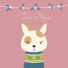 Dog. Christmas vector card with cute animal in a cozy Norwegian sweater, in pastel colors. Minimalist flat illustration in Scandinavian style