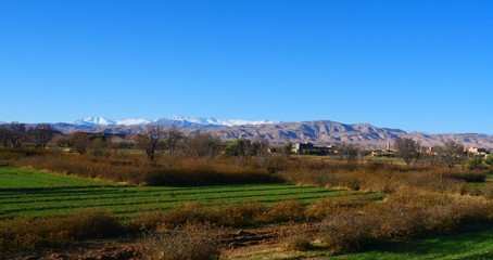 Naklejka premium Bright landscape of Morocco, breathtaking curves of mountains, stunning combination of hills & farm land,inadvertent distribution of houses & huts, raw impression of pure nature.