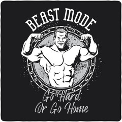 Obraz premium T-shirt or poster design with illustration of athletic men on dark background.