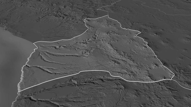 Arica y Parinacota, region with its capital, zoomed and extruded on the bilevel map of Chile in the conformal Stereographic projection. Animation 3D