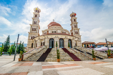 Fototapeta na wymiar Korce, Albania - August 07, 2014. Resurrection of Christ Orthodox Cathedral is the main Albanian Orthodox church in Korce