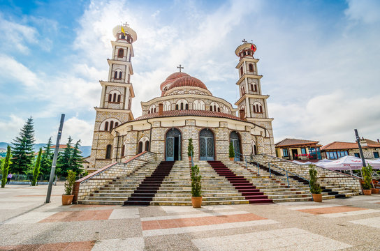 Korce, Albania - August 07, 2014. Resurrection of Christ Orthodox Cathedral is the main Albanian Orthodox church in Korce