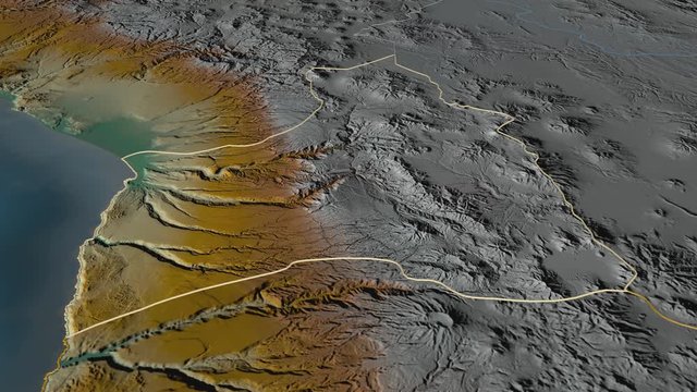 Arica y Parinacota, region with its capital, zoomed and extruded on the relief map of Chile in the conformal Stereographic projection. Animation 3D