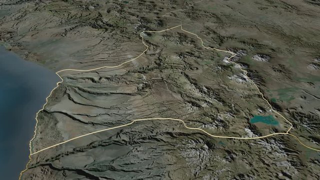 Arica y Parinacota, region with its capital, zoomed and extruded on the satellite map of Chile in the conformal Stereographic projection. Animation 3D