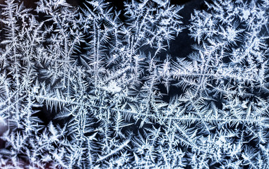Texture pattern of snowflakes of crystals of snow on glass. Selective Focus. Winter textures, backgrounds patterns. banner. Copy space