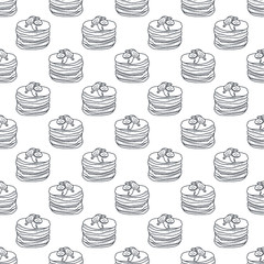 Vector seamless pattern with doodle pancakes; hand drawing dessert for wrapping paper, package, fabric, web design. - 321246024