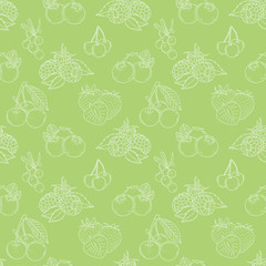 Vector seamless pattern with doodle berries on green background; hand drawing fruits for wrapping paper, package, fabric, web design.
