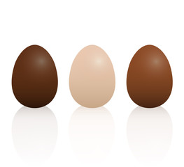 Milk, dark and light chocolate Easter eggs. Isolated 3D vector illustration on white background.