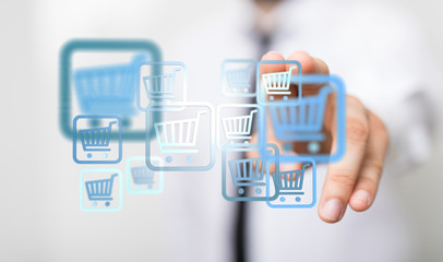 Businessman pressing modern technology panel shopping cart web phone credit card.