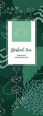 Green banner with leaves and flowers of peppermint. A cup drawn in one line.