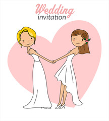 Gay marriage wedding invitation. Two women holding hands