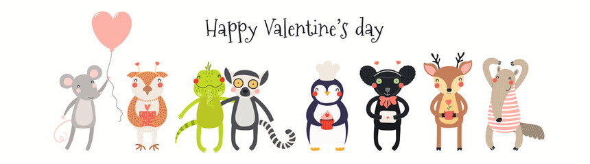 Hand drawn card, banner with cute animals, hearts, text Happy Valentines day. Vector illustration. Isolated on white . Scandinavian style flat design. Concept for kids holiday print, invite, gift tag.