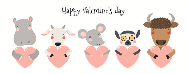 Hand drawn card, banner with cute animals, hearts, text Happy Valentines day. Vector illustration. Isolated on white . Scandinavian style flat design. Concept for kids holiday print, invite, gift tag.