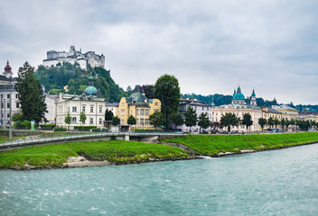 Beautiful view of Salzburg skyline with Festung Hohensalzburg and Salzach river in Salzburg, Austria