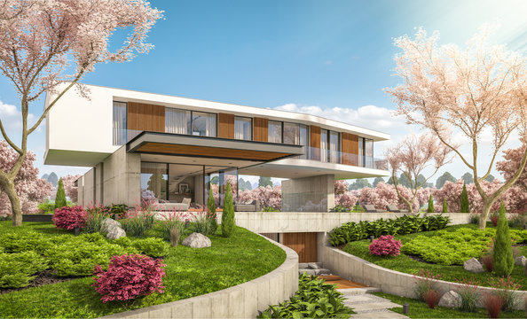 3d rendering of modern cozy house on the hill with garage and pool for sale or rent. Fresh spring day with a blooming trees with flowers of sakura on background.