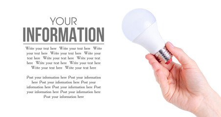 LED lamp light in hand on a white background isolation, copy space