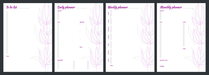 Set of planners with minimalistic floral design. Monthly, weekly, daily planner, to do list.