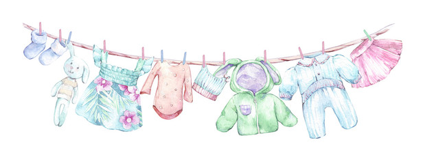 set of childish clothes watercolor isolated