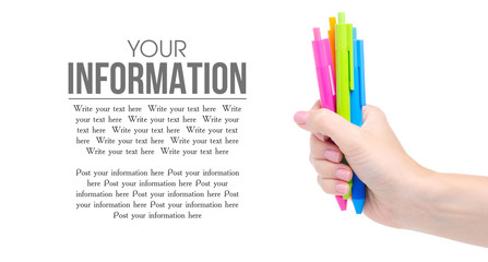 Hand holding colorful pens drawing on white background isolation, copy space