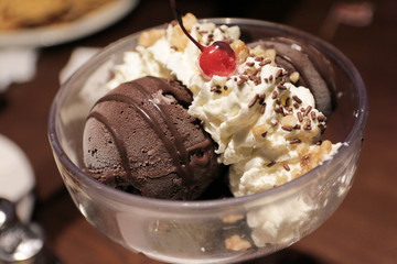 Chocolate ice cream in a bowl with whipping cream and cherry on top.