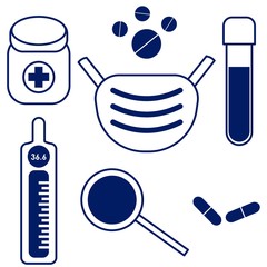 Medecin set in clasic blue color coronavirus medicine, tablets and pills, mask, test tube with magnifying glass blood, vaccine temperature tube isolated on white background vector