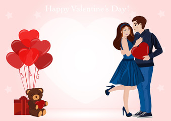 Valentine's day card. A couple of lovers give each other gifts. Vector illustration.