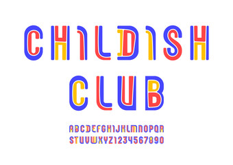 Childish color font, modern striped alphabet, trendy rounded letters and numbers, vector illustration