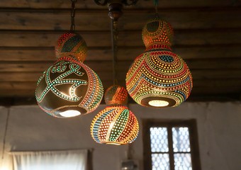 Colorful gourd lamp or calabash lamp. They are decorative interior light objects, all...