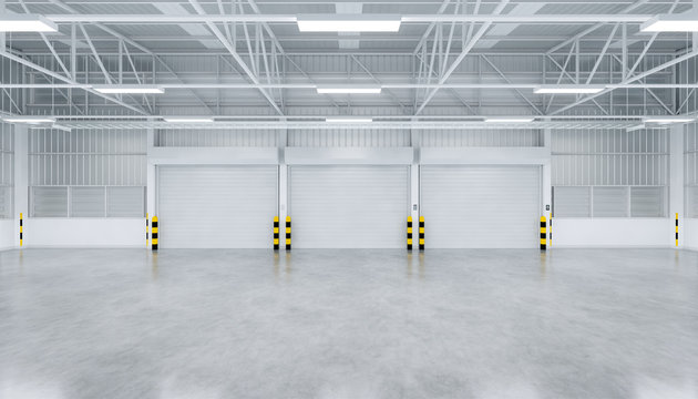 Roller door or roller shutter inside factory, warehouse or industrial building. Modern interior design with polished concrete floor and empty space for product display, industry background. 3d render.