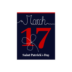 Calendar sheet, vector illustration on the theme of Saint Patrick’s Day on March 17th. Decorated with a handwritten inscription - MARCH and stylized linear clover.