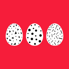 Vector illustration of Easter eggs. Set of Easter eggs decorated with triangles, dots, dashes on a red background. Spring holiday. Vector Illustration. Happy Easter.