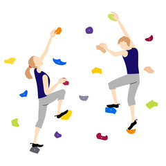 Illustration of a man and a woman doing bouldering (sport climbing) © makiaki