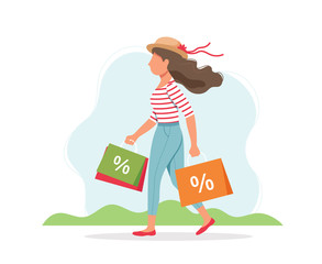 Woman with shopping bags, spring sale concept. Cute vector illustration in flat style