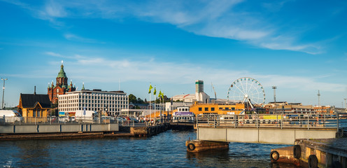 Scenic summer panorama of Port pier architecture in Old Town of Helsinki, Finland