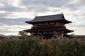 Fototapeta na wymiar Pavillon japonais dans les herbes de pampa