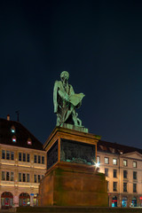 Monument to the first printer Gutenburg in Strasbourg. Night view.