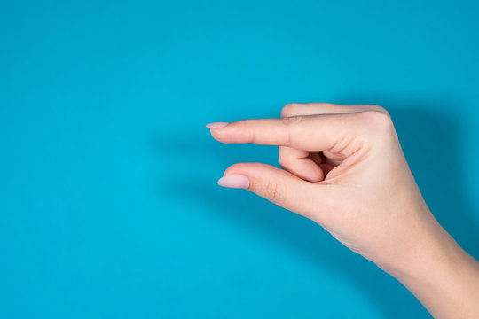 Closeup view horizontal photography of one female hand forming gesture Little bit isolated on bright blue color background.