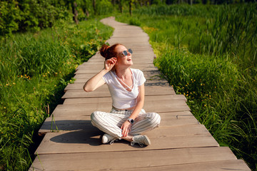 ginger charming woman young beautiful forest green