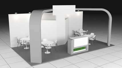 booth design in exhibition with chairs and tables. 3D rendering