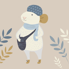 Little Mouse In A Scarf And With A Bag