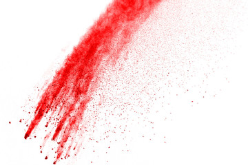 Red powder explosion on white background. Colored cloud. Colorful dust explode. Paint Holi.