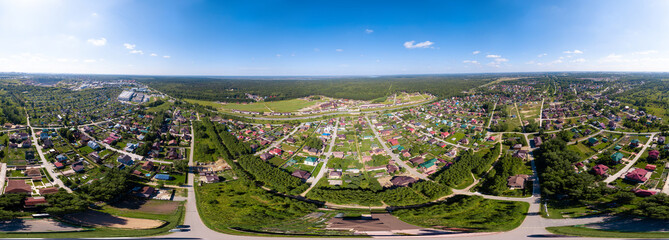 Panorama aerial view new development neighborhood in Novosibirsk, Russia in morning summer with colorful leaves. A city in Russian counties. Full VR 360 Degree Aerial Panorama Seamless Spherical.