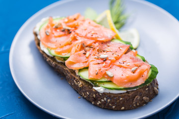 Sandwich with smoked salmon and cucumber. Concept for healthy nutrition.