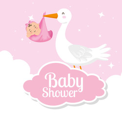 baby shower card with cute stork and decoration vector illustration design