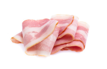 Fresh sliced bacon on white background