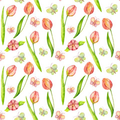 Watercolor seamless pattern with tulips and butterflies. Spring flowers background. Cute cartoon floral pattern. Perfect for the textile, fabric, wedding decoration, mothers day.