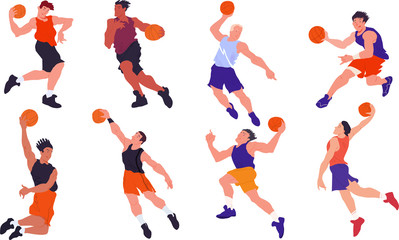 Fototapeta na wymiar Basketball players set. The basketball team. Peoples in dynamic pose. Cartoon flat vector illustration. Isolated objects.