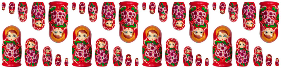 Seamless pattern of matreshka nesting dolls, white background isolated, red matrioska decorative border ornament, matryoshka backdrop, russian national art souvenir, russia traditional style wallpaper