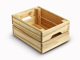 Empty wooden box isolated on white. background . Close up