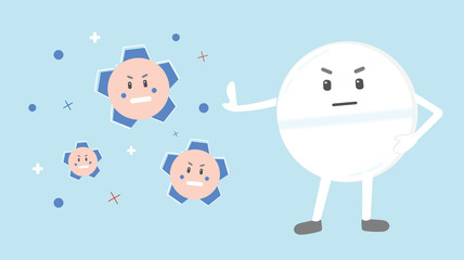 Cute  funny strong pill  fight with bacteria microorganism virus. Vector flat cartoon character illustration. Pill, tablet, health, medical antibiotic concept.